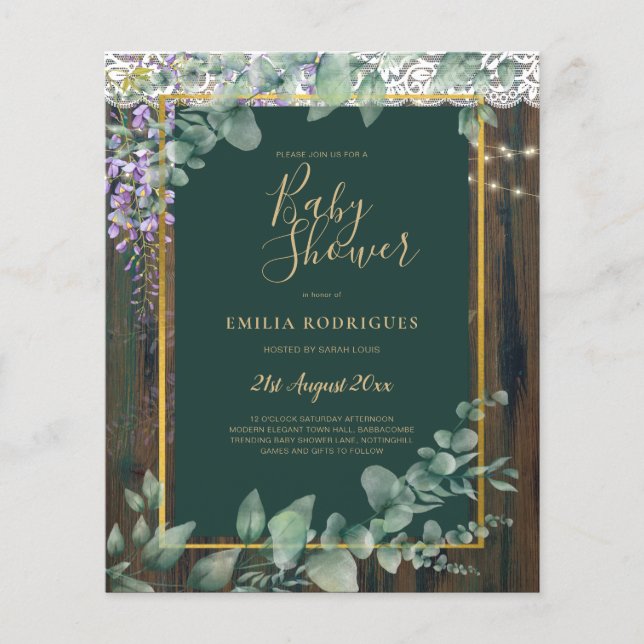 BUDGET Eucalyptus Wisteria BABY SHOWER Rustic Snör Flygblad (Framsidan)