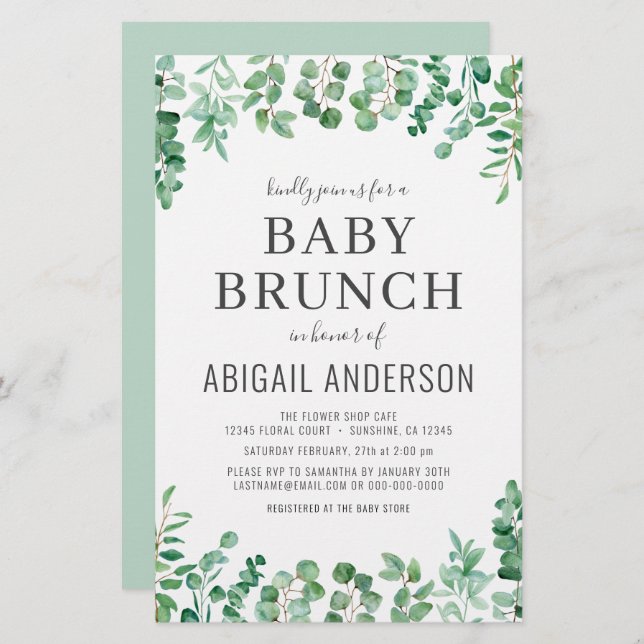 Budget Eukalyptus Baby Brunch Inbjudan  (Fram/baksida)