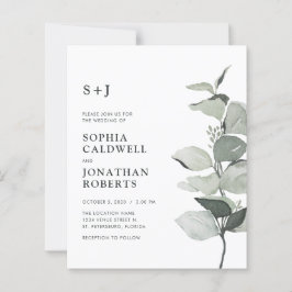 Budget Eukalyptus QR-kod Monogram Bröllopsinbjudan