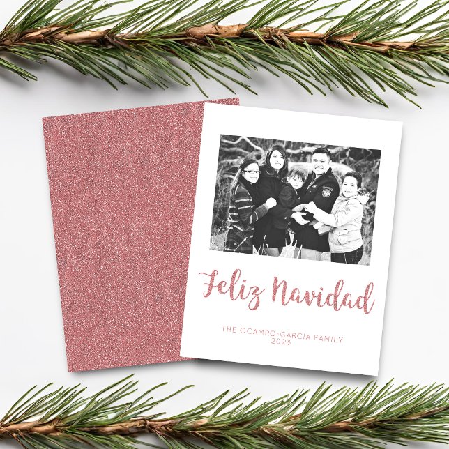 Budget Feliz Navidad Ro Guld Glitter Photo (Budget Feliz Navidad Rose Gold Glitter Photo Card)