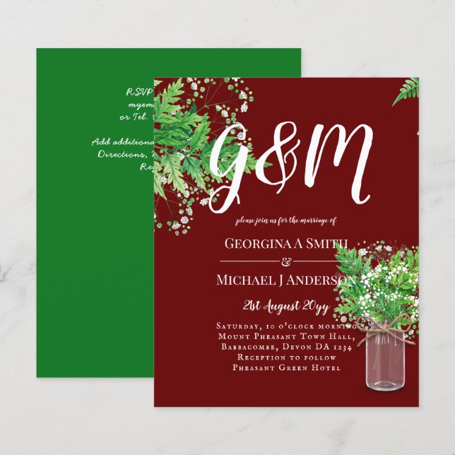 BUDGET Ferns Greenery Burgundy Wedding bjudande in (Fram/baksida)