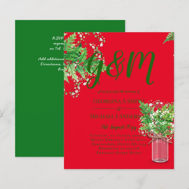 BUDGET Ferns Greenery Red Wedding bjudande in (Fram/baksida)