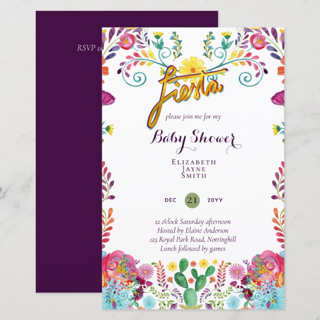 BUDGET Fiesta Baby Shower Folk Flowers Inbjudan (Fram/baksida)