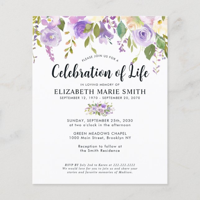 Budget Firande of Life Lila Blommigt Funeral Flygblad (Framsidan)