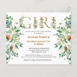 Budget Flicka Baby Shower Eukalyptus Guld Inbjudan Flygblad