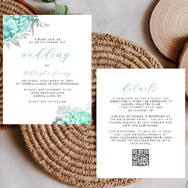 Budget Floral Aqua Silver QR Code Wedding Invite