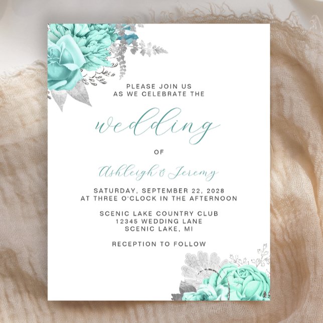 Budget Floral Aqua Silver Script Wedding Invite (Skapare uppladdad)