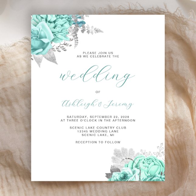 Budget Floral Aqua Silver Script Wedding Invite (Skapare uppladdad)