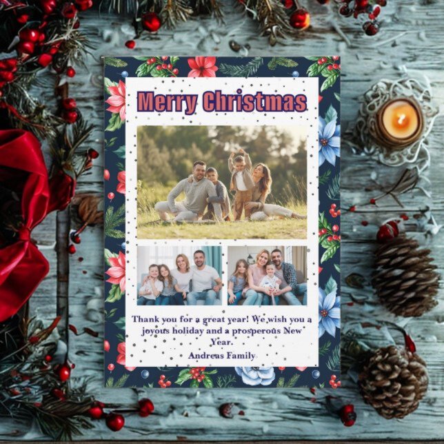 Budget Floral Christmas Plaid 3 Photo Holiday Card Julkort (Skapare uppladdad)