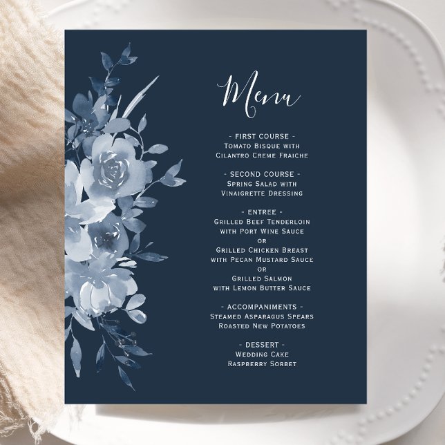 Budget Floral Dusty Blue Navy Wedding Menu (Skapare uppladdad)