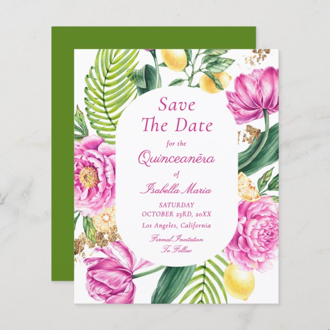 Budget Floral Quinceañera Save The Dates (Fram/baksida)