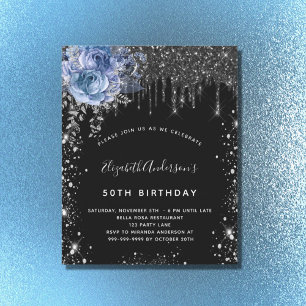 Budget födelsedag svart silver glitter blå blommig
