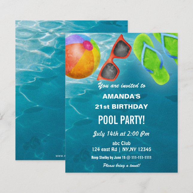 Budget Födelsedagsinbjudan till poolparty (Fram/baksida)