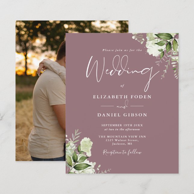 Budget Foliage Mauve Photo Wedding bjudande (Fram/baksida)