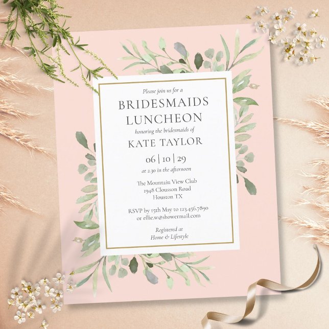 Budget Foliage Rosa Bridesmaids Luncheon Inbjudan (Budget Foliage Pink Bridesmaids Luncheon Invite)