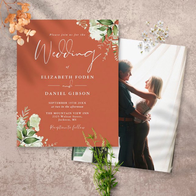 Budget Foliage Terracotta Photo Wedding bjudande (Skapare uppladdad)