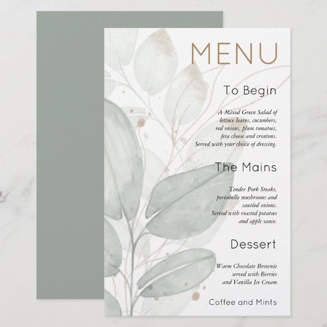 Budget Foliage Watercolor Sage Bröllop Menu (Fram/baksida)