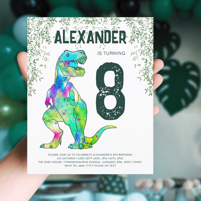 Budget för Dinosaur T-Rex-Födelsedagsfest (T-Rex dinosaur jungle 8th birthday party budget invitation with green modern typography )