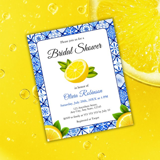 Budget för Lemon Mediterranean Möhippa Inbjudan (Budget Mediterranean Italian Tile Lemon Bridal Shower Invitation  )