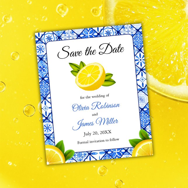 Budget för Medelhavsområdet, Lemon Bröllop spara d (Budget Mediterranean Italian Blue Tile Lemon Wedding Save The Date )