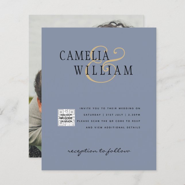 Budget Foto Bröllopsinbjudan Spara Datum QR-kod  (Fram/baksida)