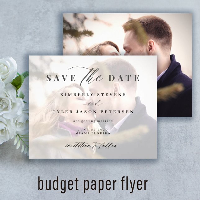 Budget foto elegant skrivstil bröllop spara datum flygblad (Skapare uppladdad)