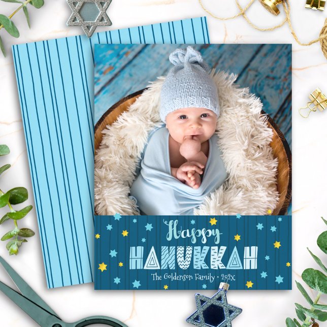 Budget Foto Glad Hanukkah Blå Guld Stjärnor Kort (Skapare uppladdad)