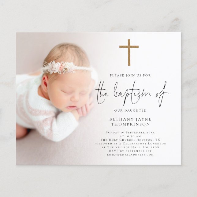Budget Foto Guld Glitter Kors Dop Invitation (Framsida)