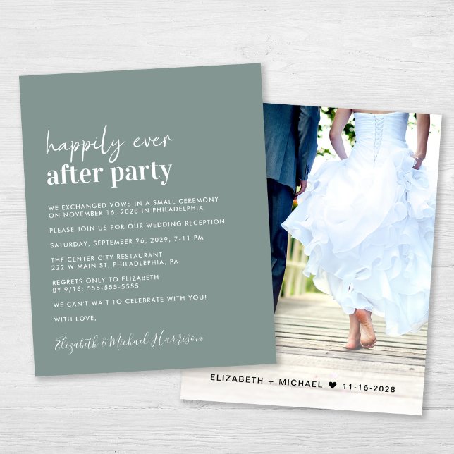 Budget Foto Sage Grön Bröllopsmottagning Inbjudan (An chic Happily Ever After Party photo invitation for your wedding celebration)