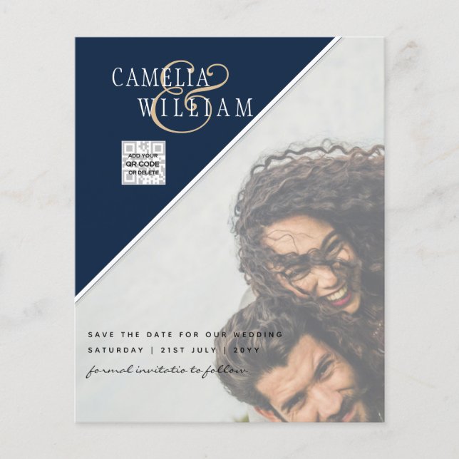 Budget Foto Spara datum BLÅ QR-kod RSVP Flygblad (Framsidan)