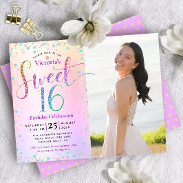 Budget Foto Sweet 16 Rainbow Glitter Inbjudan