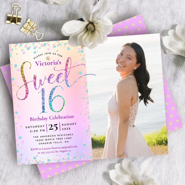 Budget Foto Sweet 16 Rainbow Glitter Inbjudan (Skapare uppladdad)
