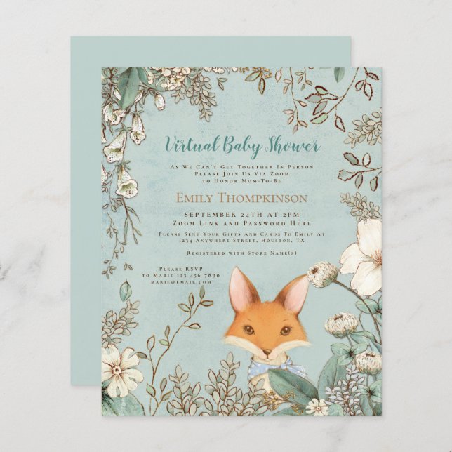 Budget Fox Boy Virtuell Baby Shower-inbjudan (Fram/baksida)