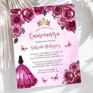 Budget Fuchsia Rosa Blommig Quinceañera Inbjudan