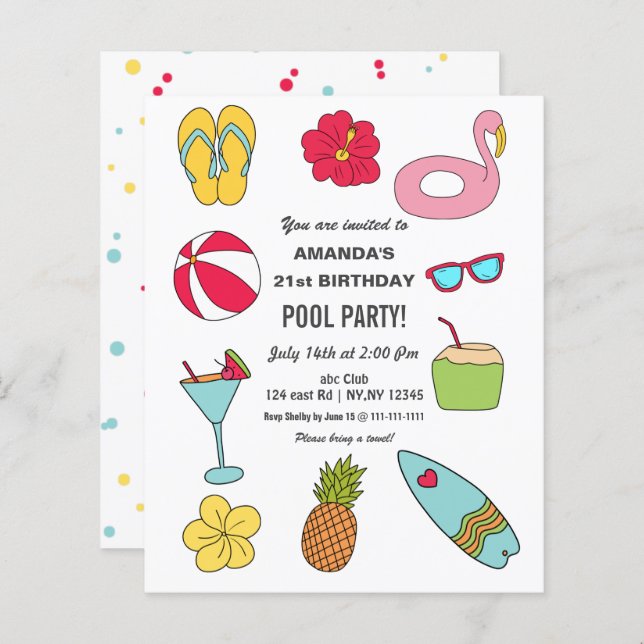 Budget Fun Summer Pool Party Birthday Invitation (Fram/baksida)
