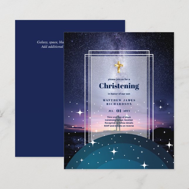 BUDGET Galaxy CHRISTENING Inbjudningskort Baptism  (Fram/baksida)