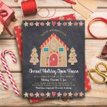 Budget Gingerbröd Open House Chalkboard Inbjudan<br><div class="desc">Ett sött, vismiskt gingerbrödhus och träd, stjärnor, hjärtan och matriser, tillsammans med lekfull manustypografi, täcker över en mörk grått-kritbakgrund för kol och hjälper dig att starta julfesten. Ett pepparmint candy mönster över en röd bakgrund ger bakgrunden. Fira med familj och vänner medan du känner julhelgens värme och glädje. Skicka ut...</div>