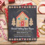 Budget Gingerbröd Open House Chalkboard Inbjudan<br><div class="desc">Ett sött, vismiskt gingerbrödhus och träd, stjärnor, hjärtan och matriser, tillsammans med lekfull manustypografi, täcker över en mörk grått-kritbakgrund för kol och hjälper dig att starta julfesten. Ett pepparmint candy mönster över en röd bakgrund ger bakgrunden. Fira med familj och vänner medan du känner julhelgens värme och glädje. Skicka ut...</div>