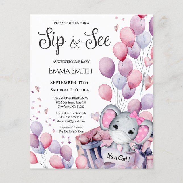 BUDGET Girl Baby Elephant Sip och se inbjudan (Framsida)