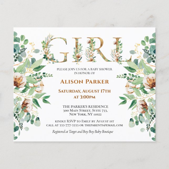 Budget GIRL Baby Shower Eucalyptus Guld-inbjudan Flygblad (Framsidan)