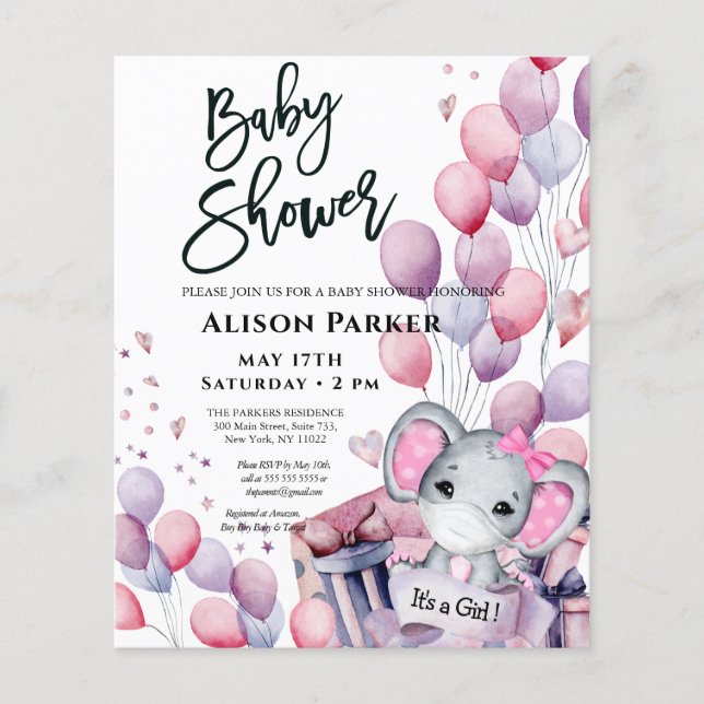 BUDGET Girl Elephant Cute Baby Shower-inbjudan (Framsida)