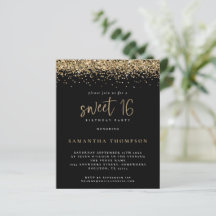 Budget Girly Guld Glitter Sweet 16 Black Inbjudan