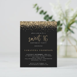 Budget Girly Guld Glitter Sweet 16 Black Inbjudan