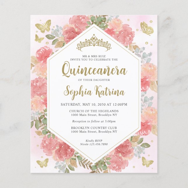 Budget Girly  Rosa Blommigt Guld Quinceañera (Framsida)