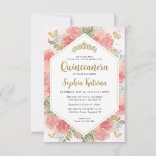 Budget Girly  Rosa Blommigt Guld Quinceañera Anteckningskort