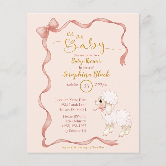 BUDGET Girly Rosa Bow Lamb Baby Shower-inbjudan (Framsida)