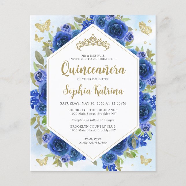 Budget Girly Royal Blue Blommigt Guld Quinceañera (Framsida)