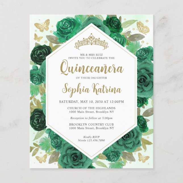 Budget Girly Smaragdgrön Blommig Guld Quinceañera (Framsida)