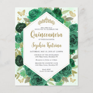 Budget Girly Smaragdgrön Blommig Guld Quinceañera