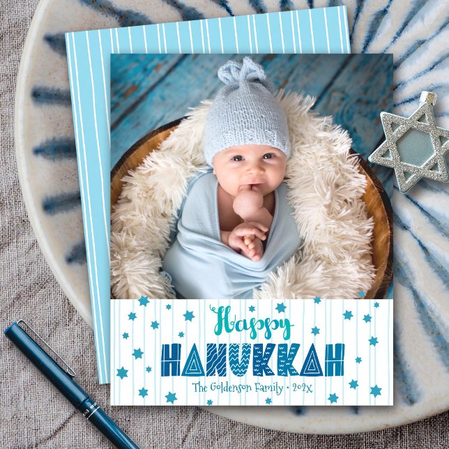 Budget Glad Hanukkah Foto Kul Blå Stjärnor Kort (Skapare uppladdad)